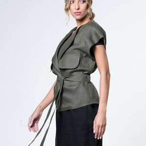 Summer Linen Wrap Blouse with Short Sleeves