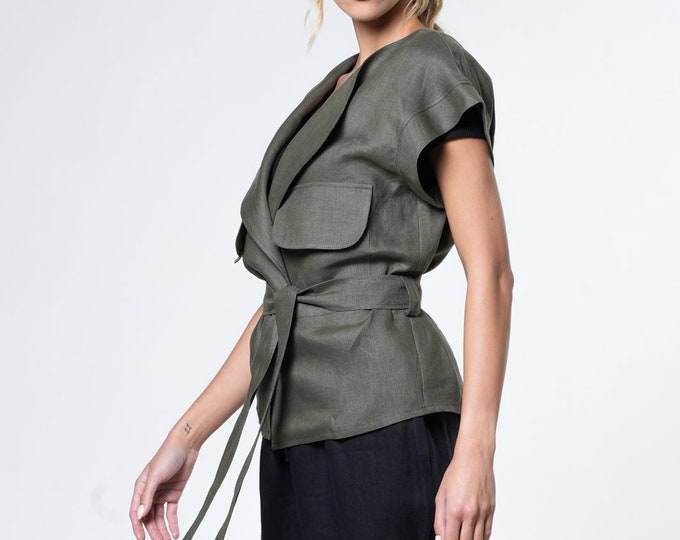 Summer Linen Wrap Blouse with Short Sleeves