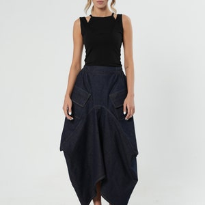 Extravagant Maxi Denim Skirt / Long Skirt With Pockets / Jeans Maxi Skirt / Asymmetrical Line Skirt / Cargo Style Pockets Skirt image 3