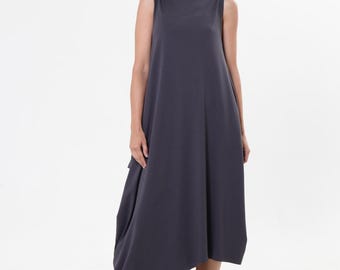 Long Cotton Dress In Gray / Asymmetrical Sleeveless Dress  METD0240