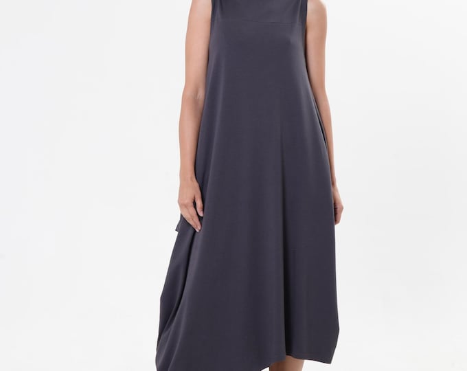 Long Cotton Dress In Gray / Asymmetrical Sleeveless Dress  METD0240