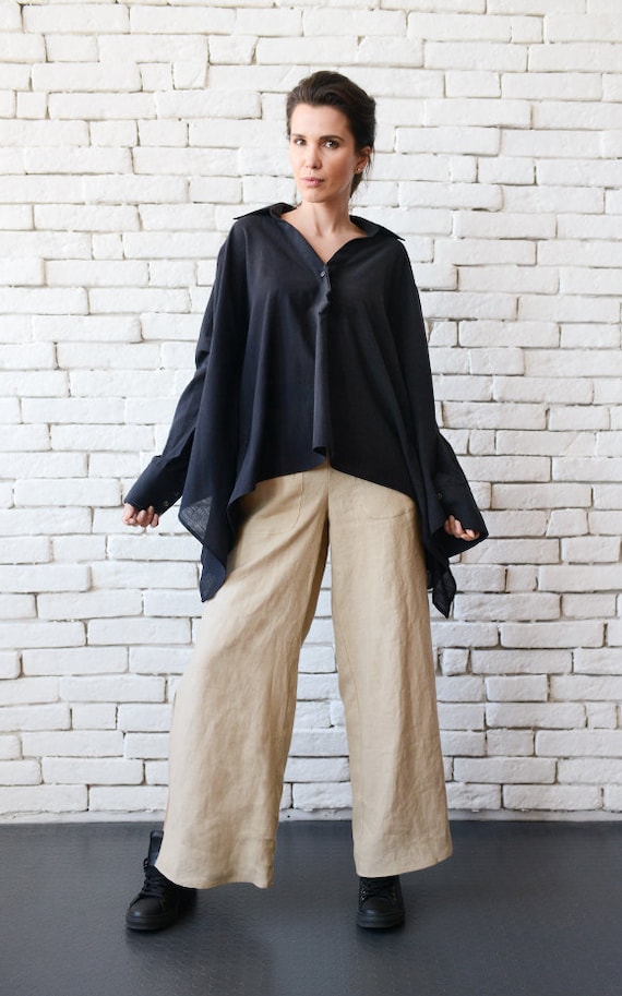 Black Oversize Tunic Top/Plus Size Maxi Shirt/Black Casual Linen Shirt/Long Sleeve Asymmetric Tunic/Long Loose Black Top/ METSh0015