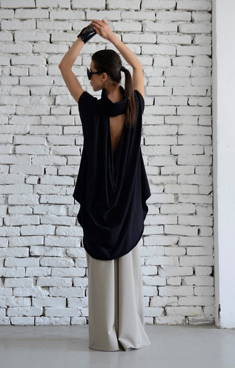 Black Maxi Tunic/asymmetric Casual Top/open Back Top/large - Etsy