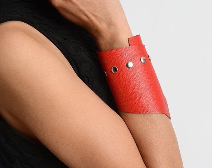 Red Oversize Cuff/Genuine Leather Studded Bracelet/Extravagant Red Leather Wristband/Handmade Wide Leather Bracelet/Red Extravagant Cuff