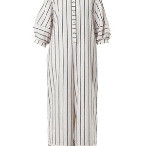 May include: A white and green striped jumpsuit with a button-up front and long sleeves. The jumpsuit has a relaxed fit and a wide leg.