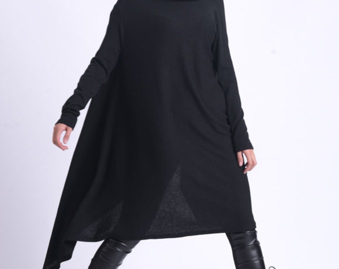 Oversize Maxi Tunic/Asymmetric Long Top/Warm Knitted Tunic/Plus Size Black Tunic/Loose Long Sleeve Top/Casual Comfortable Top METT0178