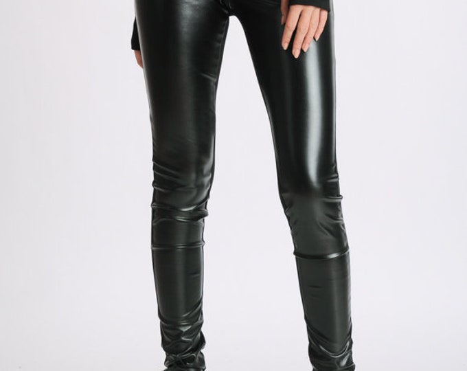 Vegan Leather Black Leggings / Extra Long Black Pants / Faux Leather Thighs Pants