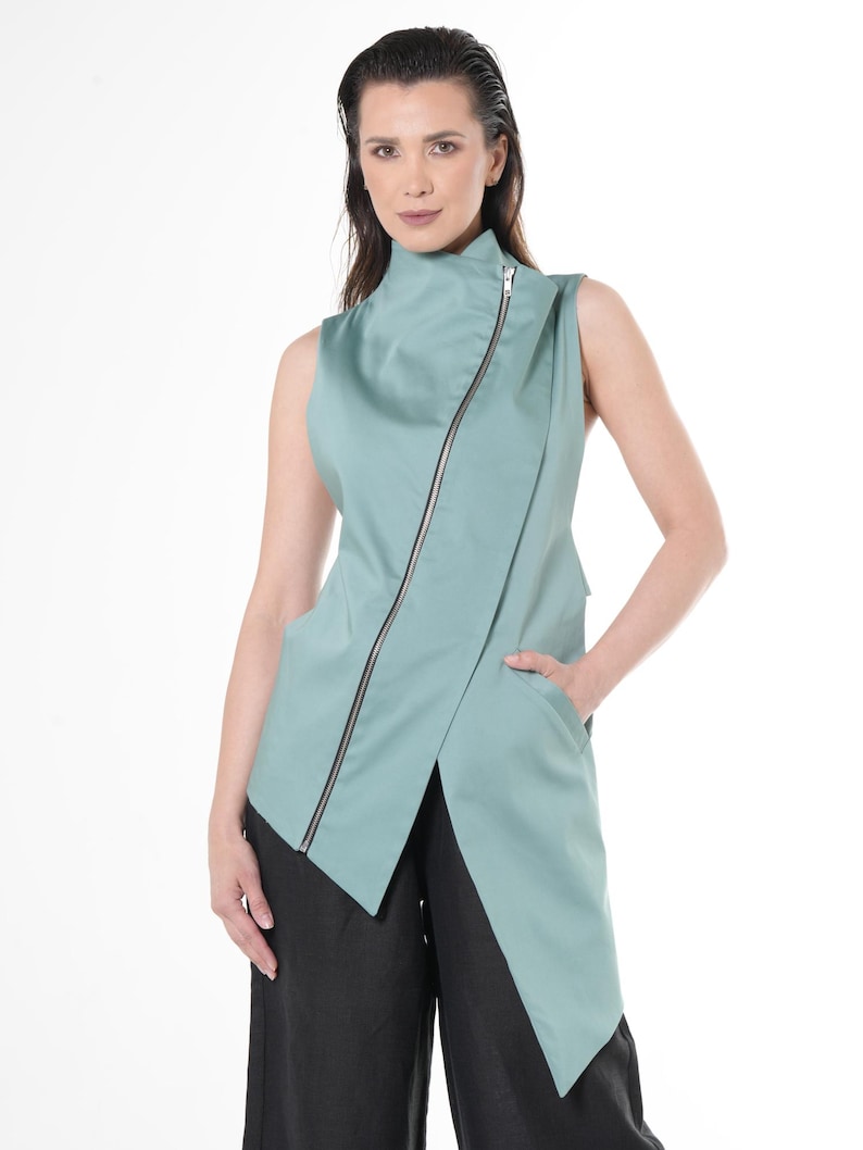 Asymmetrical Top / Black Zipper Vest / racer back top / Rave Clothes / Burning Man Outfit METT0049 Mint