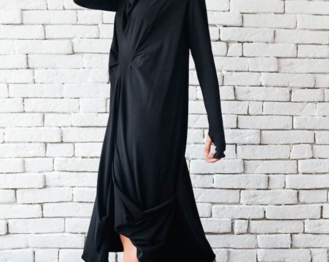 Oversize Black Loose Casual Tunic/Thumb Hole Sleeve Dress/Long Sleeve Black Maxi Dress/Comfortable Tunic Top/Long Sleeve Dress METD0007