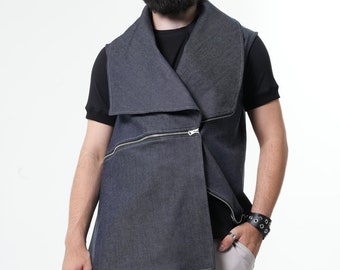 NEW Mens Denim Vest / Denim Waistcoat / Asymmetrical Vest METMT0002