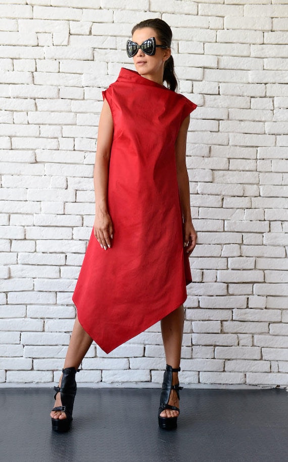 Red Asymmetric Dress/Extravagant Clothing/Casual Summer Dress/Red