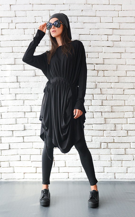 Black Asymmetric Tunic/Extravagant Casual Top/Loose Maxi Top/Plus Size Shirt/Long Sleeve Black Top/Oversize Tunic Dress/ METT0052 Black Asymmetric Tunic/Extravagant Casual Top/Loose Maxi Top/Plus Size Shirt/Long Sleeve Black Top/Oversize Tunic Dress/ METT0052