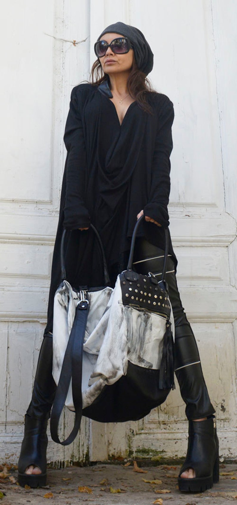 Black and White Maxi Bag / Oversize Leather Tote Bag / Fringe | Etsy
