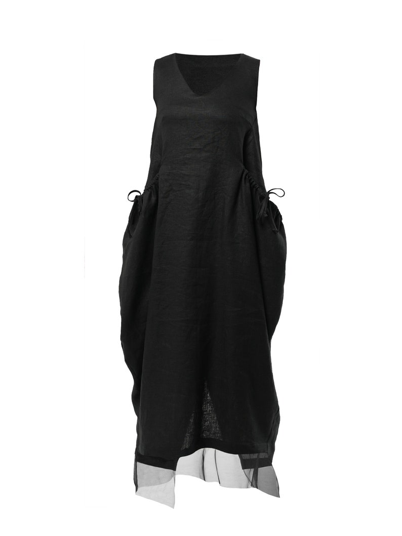 Fine black linen dress plussize V neck linen gown vintage hooded caftans main image 1