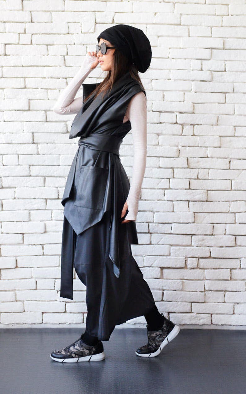 SALE Black Leather Sleeveless JacketAsymmetric Extravagant Vest with BeltLoose Tunic TopLeather Long Short TunicLarge Collar Black Coat