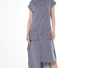 Midi Striped Denim Dress In Dark Blue / Jean Dress With Short Sleeves  - METD0251