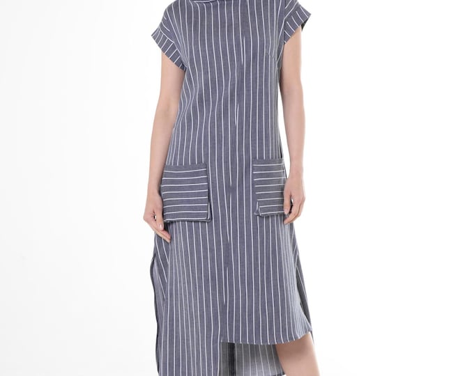 Midi Striped Denim Dress In Dark Blue / Jean Dress With Short Sleeves  - METD0251