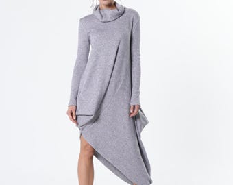 Asymmetric Turtleneck Knit Tunic - Soft Longsleeve Dress METD0266