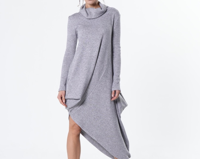 Asymmetric Turtleneck Knit Tunic - Soft Longsleeve Dress METD0266