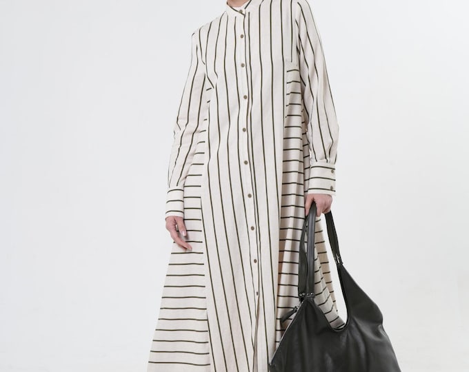 Long Striped Dress / Maxi Dress On Khaki Stripes / A-Line Dress METD0247_Khaki