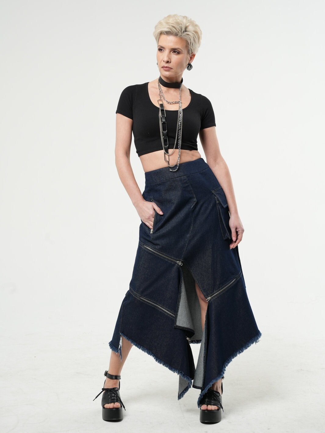 【BOK PLACE】Diagonal Cut Denim Long Skirt Extravagant Denim Skirt / Asymmetric Long Skirt With Zippers