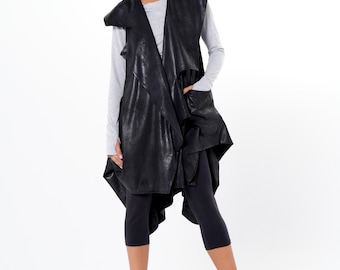 Asymmetric Faux Suede Vest in Black – Sculptural Women’s Vest with Draped Front METC0158