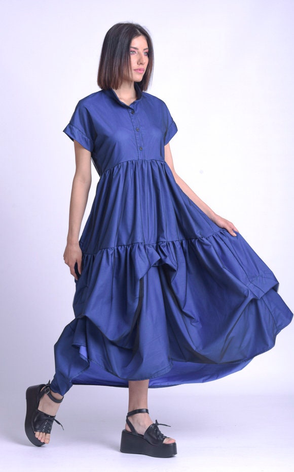 Blue Loose DressAsymmetric Casual Maxi DressOversize Short Sleeve DressPlus Size DressBlue Shirt DressHigh Waist Dress METD0154