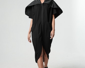 Kaftan Maxi Dress / Black Kaftan  / Long Dress Coat / Oversized Collar / Plus Size Dress / Avant Garde Clothing METD0215