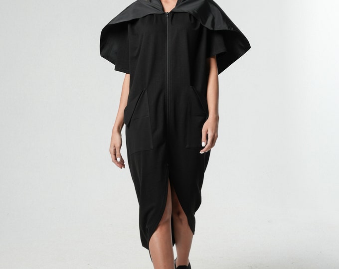 Kaftan Maxi Dress / Black Kaftan / Asymmetrical Top / Long Dress Coat / Oversized Collar / Plus Size Dress / Avant Garde Clothing