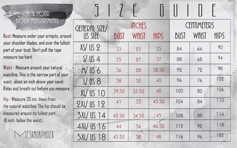 May include: Size guide chart with measurements in inches and centimeters for bust, waist, and hips. The chart includes US sizes from XS to 5XL.