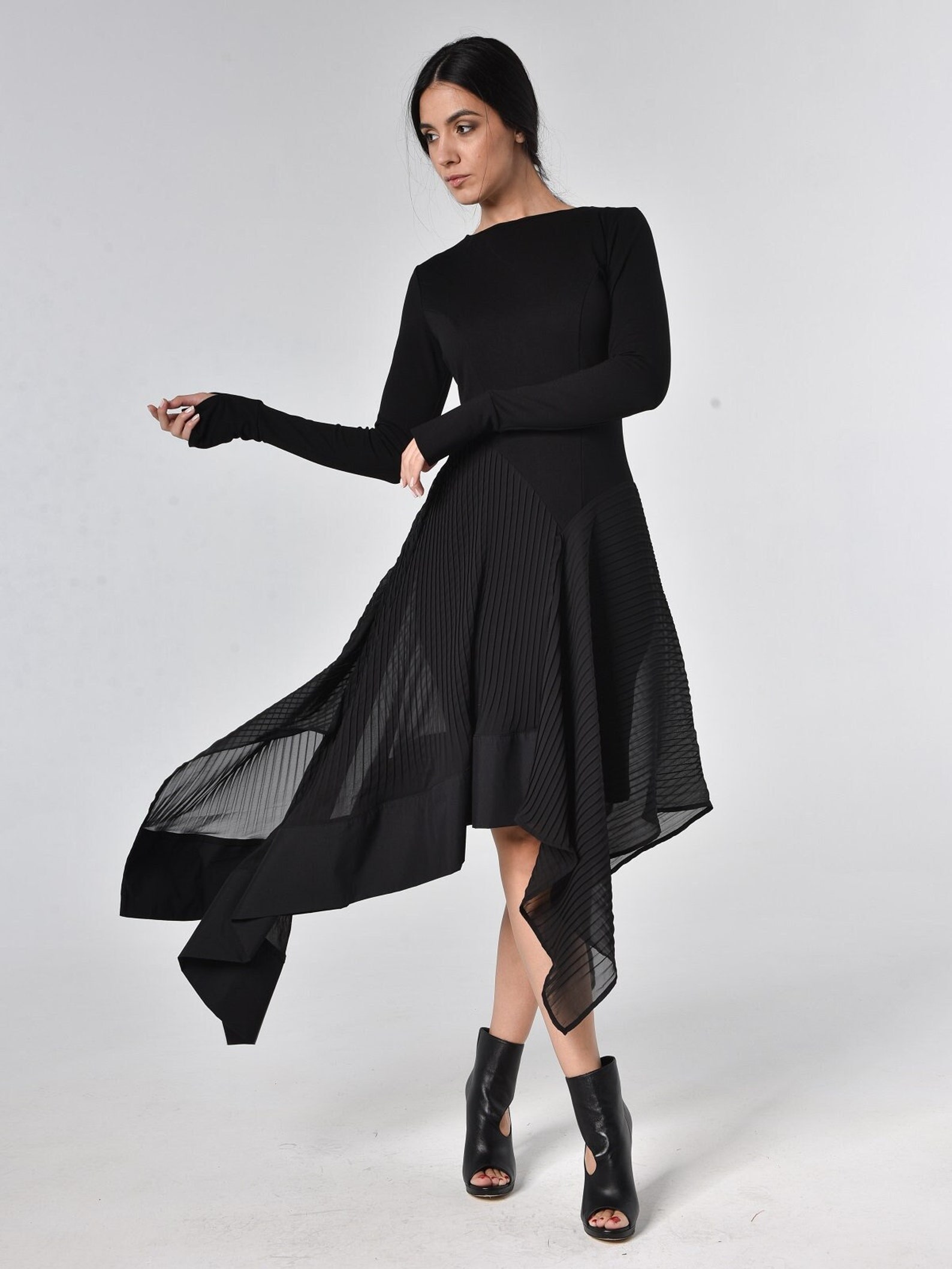 Pleated Chiffon Dress / Black Pleated Dress / Plus Size Goth - Etsy