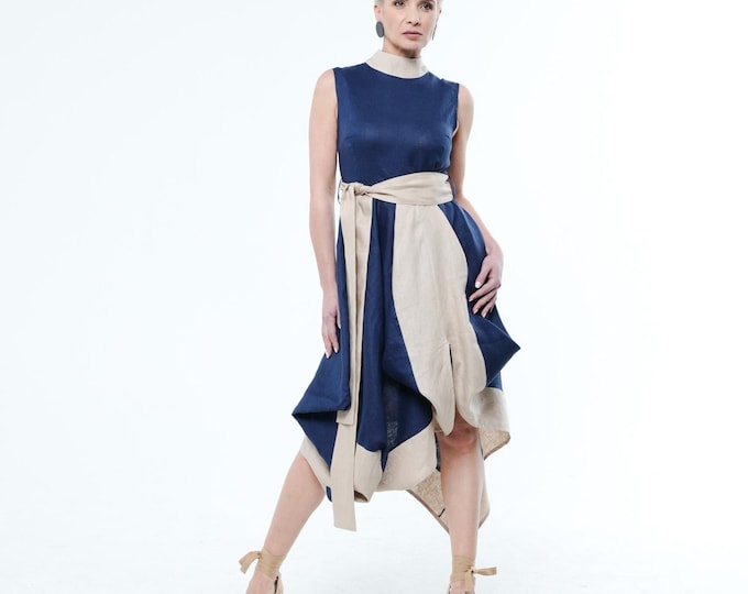 Elegant Linen Dress In Blue and Beige / Asymmetrical Belted Linen Dress METWB019