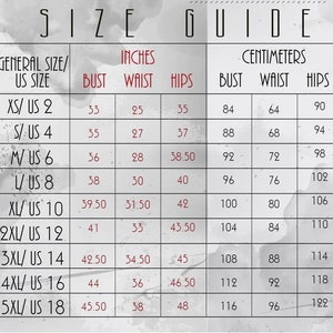 May include: Size guide chart with measurements in inches and centimeters for different sizes of clothing. The chart includes bust, waist, and hip measurements for sizes XS to 5XL.