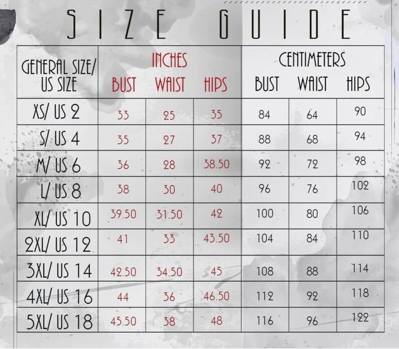 May include: Size guide chart with measurements in inches and centimeters for different sizes of clothing. The chart includes bust, waist, and hip measurements for sizes XS to 5XL.