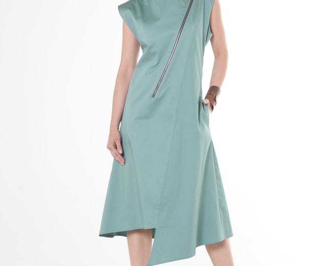 Midi Zipper Dress In Mint / A-line Summer Dress / Elegant Satin Dress METD0252