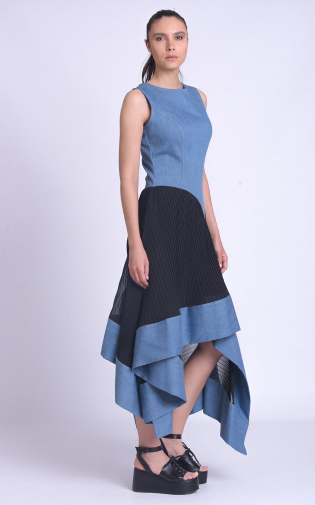 Extravagant Denim Dress With Chiffon/asymmetric Sleeveless Dress/loose ...