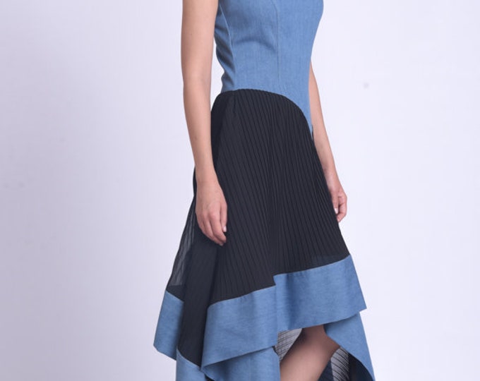 Extravagant Denim Dress with Chiffon/Asymmetric Sleeveless Dress/Loose Elegant Dress/Black and Denim Dress with Lining/Formal Dress METD0157