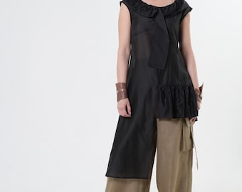 Black Transparent Top / Asymmetric Sheer Tunic / Long Avant-Garde Blouse  - METT0278_Black
