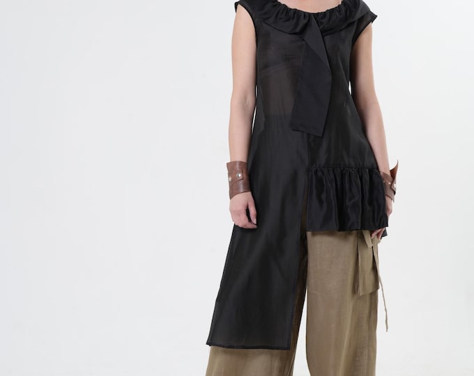 Black Transparent Top / Asymmetric Sheer Tunic / Long Avant-Garde Blouse  - METT0278_Black