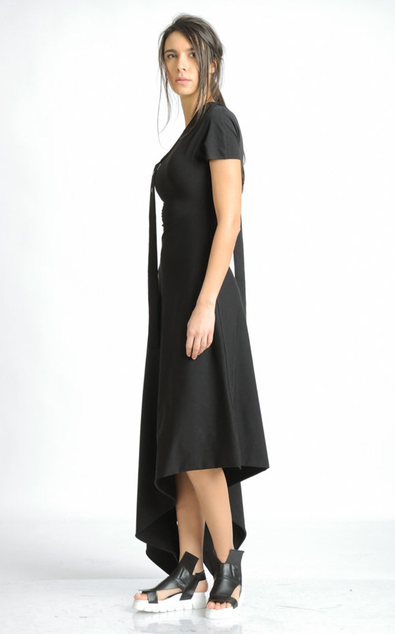 Black Asymmetric Dress/Extravagant Loose Dress/Oversize Long Tunic with One Sleeve/Dress with Studs/Casual Black Dress METD0121 image 2