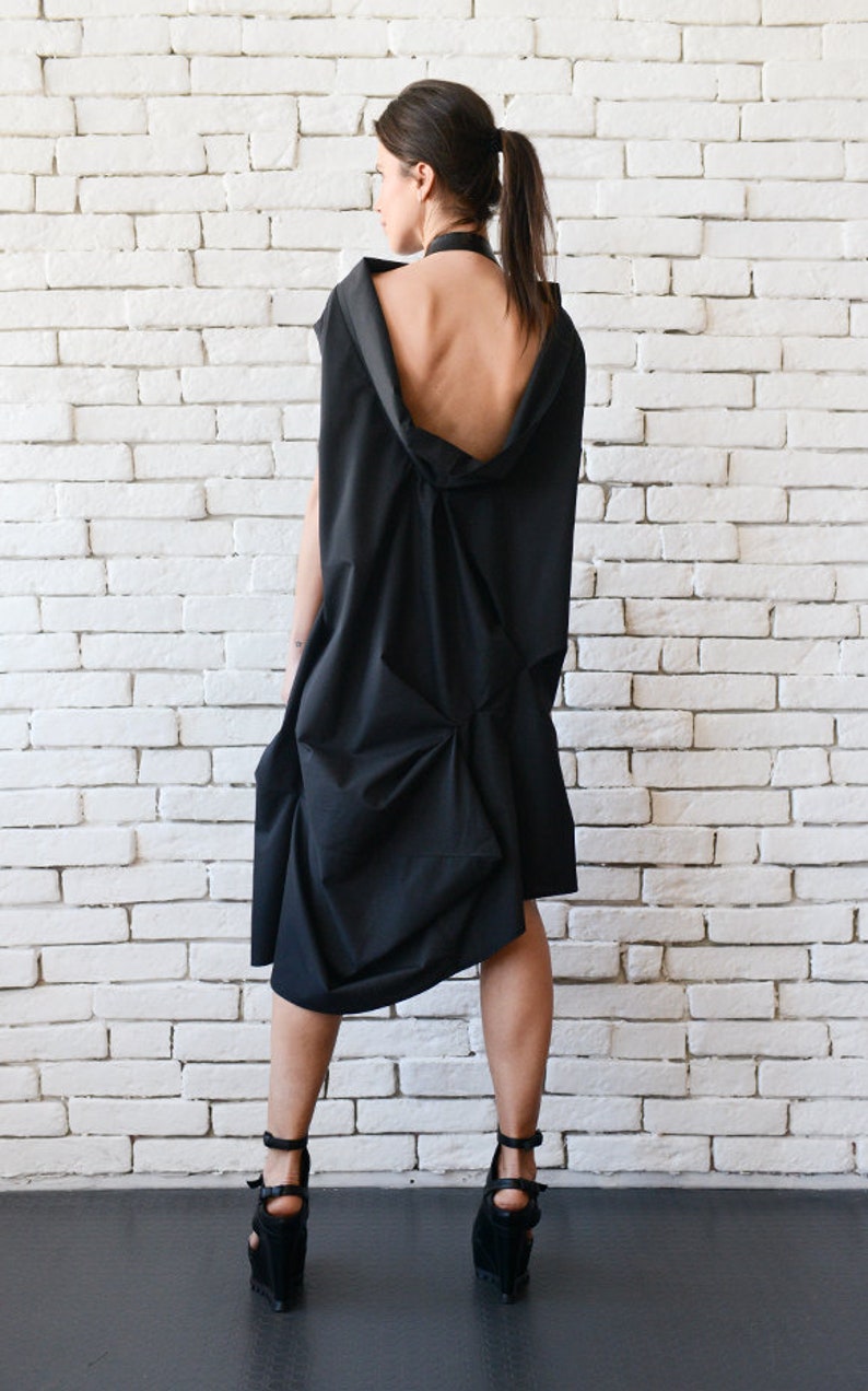 Black Asymmetric Dress / Loose Black Dress / Extravagant Open Back Tunic METD0100 image 6