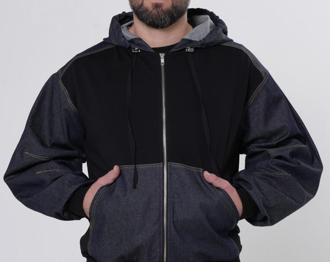 Men’s Bomber Jacket with Denim Panels | Two-Tone Jacket for Him METMC0005