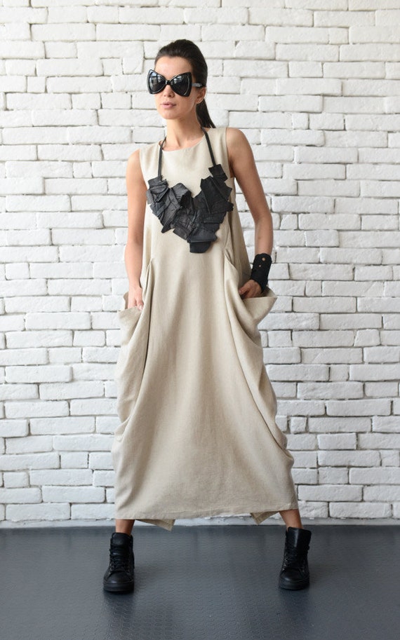 Linen Maxi Dress/Extravagant Beige Loose Tunic/Linen Sleeveless Kaftan/Plus Size Maxi Dress/Comfortable Beige Dress METD0075