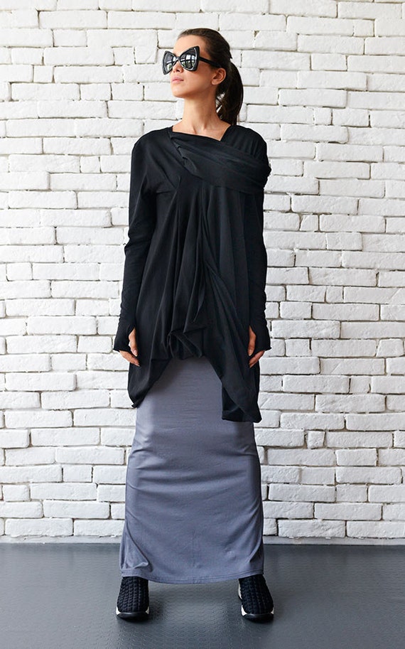 Long Sleeve Black Tunic/draped Tunic/black Dress/asymmetric Tunic Top/extravagant Blouse/long Sleeve Black Top/black Casual Shirt METT0004