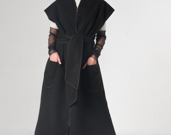 Cashmere Vest / Sleeveless Coat / Belted Vest / Vest with Pockets / Long Vest Women /  Oversized Vest / Loose Vest METC0005