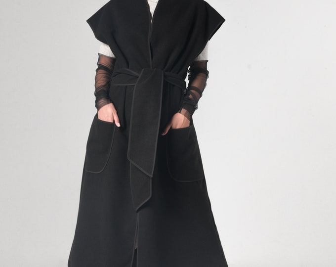 Cashmere Vest / Sleeveless Coat / Belted Vest / Vest with Pockets / Long Vest Women /  Oversized Vest / Loose Vest METC0005
