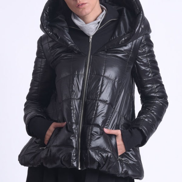 Casual Black Puffy Coat/Black Maxi Coat/Hooded Loose Puffer Jacket/Short Casual Coat/Winter Zipper Jacket/Shiny Puffy Coat METC0084