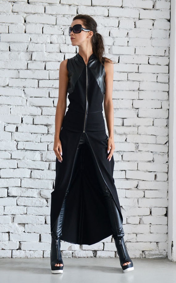 Asymmetric Black Vest/sleeveless Black Tunic/long Zipper Top