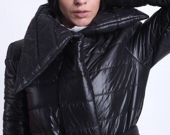 shiny black coat with belt