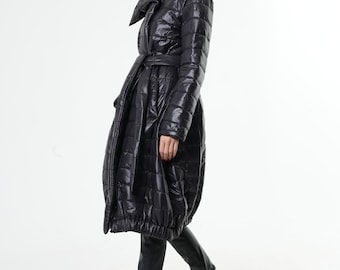 Long Coat With Belt/oversize Shiny Jacket/black Puffer Coat